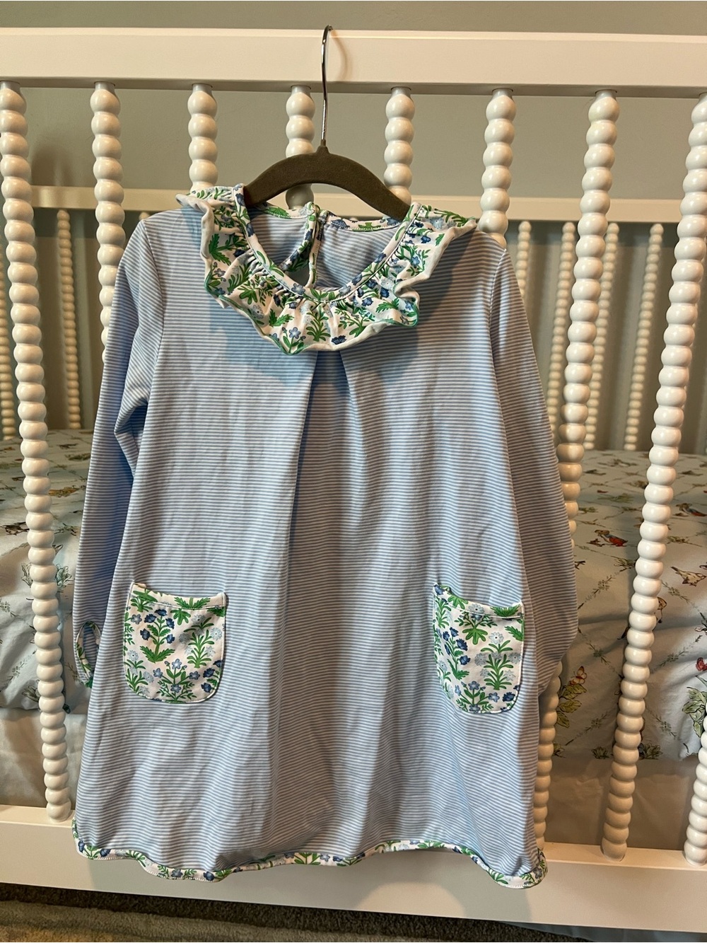 Girls' Blue Striped Dress with Floral Trim
